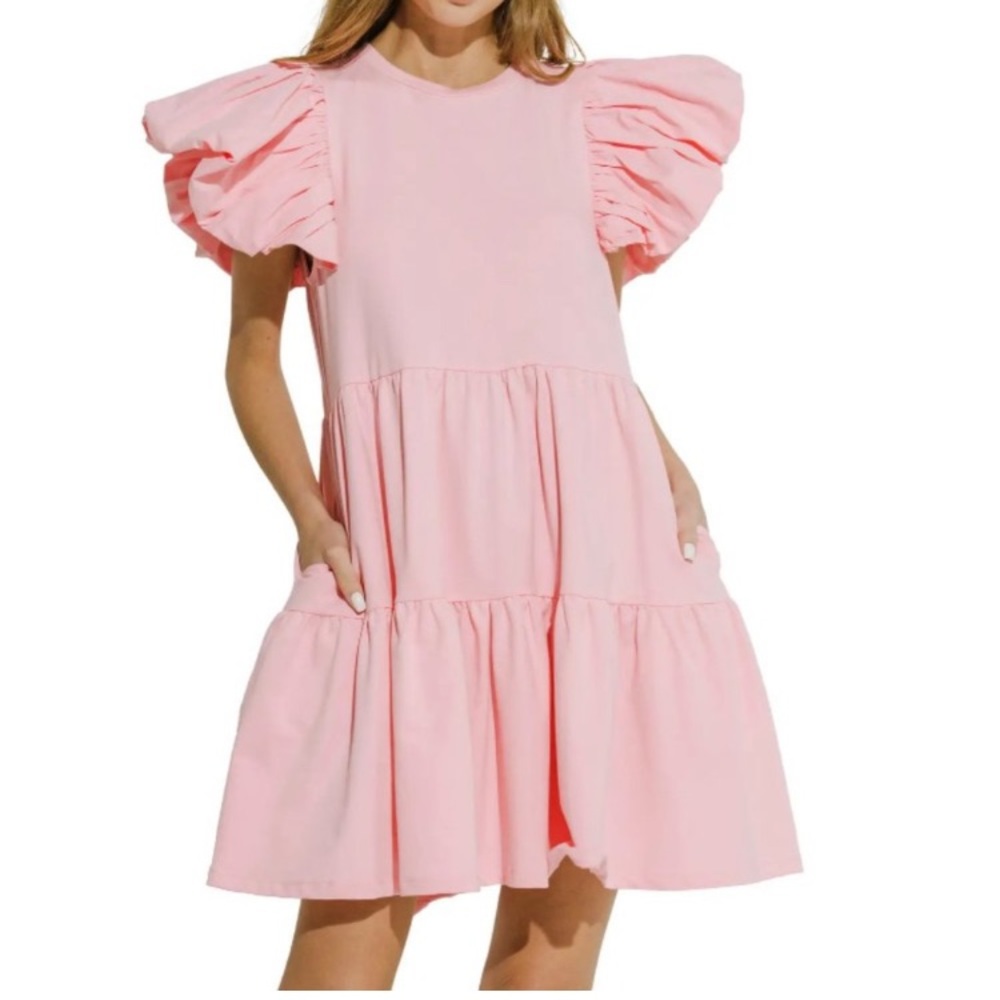 English Factory pink puff sleeve tiered dress size XS